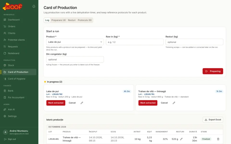 Woof CRM: fișa de producție cu loturi